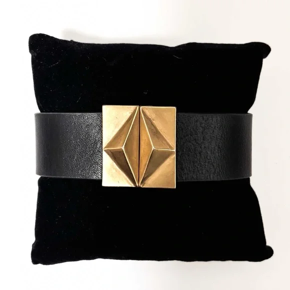 NEW - Bold Black Leather Magnetic Cuff Bracelet w Gold Geometric Pyramid Studs - Picture 2 of 3